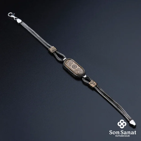 Küçük Süleyman Mührü 925 Ayar Gümüş Gravür Oval Zincirli Bileklik