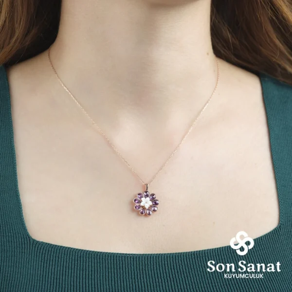 Mor Papatya Gümüş Kolye
