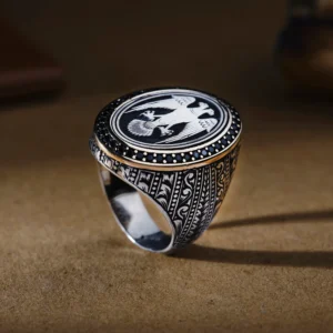 Oval Gravür Göverseli Kartal 925 Ayar Erkek Yüzük