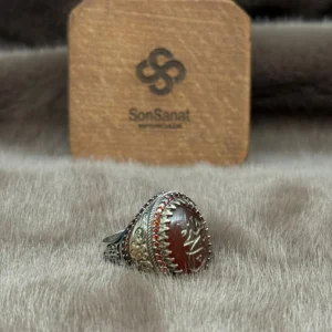 Oval Kırmızı Akik Taş Üzerine ( HİÇ ) sembolü İşlenmiş 925 Ayar Gümüş Erkek Yüzüğü