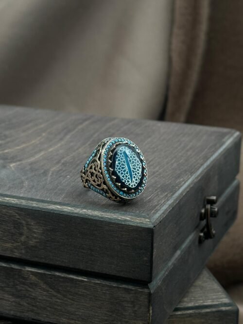 Elif İşaretli Selçuklu ve Osmanlı Motifli Turkuaz Taş İşlemeli 925 Ayar Erkek Gümüş Yüzük