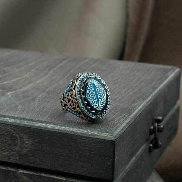 image_1950-16.jpg Elif İşaretli Selçuklu ve Osmanlı Motifli Turkuaz Taş İşlemeli 925 Ayar Erkek Gümüş Yüzük