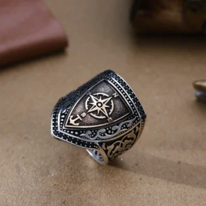 Pusula Modeli Kalkan Zihgir Gümüş Erkek Yüzük