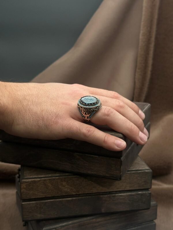 Elif İşaretli Selçuklu ve Osmanlı Motifli Turkuaz Taş İşlemeli 925 Ayar Erkek Gümüş Yüzük