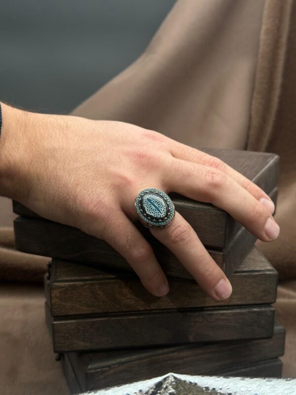 Elif İşaretli Selçuklu ve Osmanlı Motifli Turkuaz Taş İşlemeli 925 Ayar Erkek Gümüş Yüzük