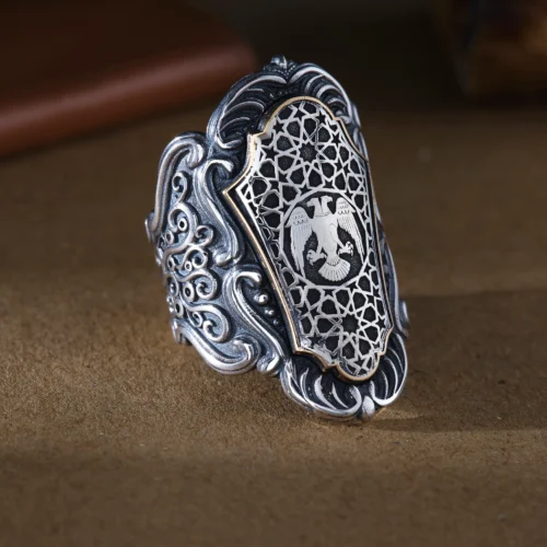 image_1950-1808.webp Selçuklu Kartalı İşlemeli 925 Ayar Büyük Zİhgir Erkek Gümüş Yüzük