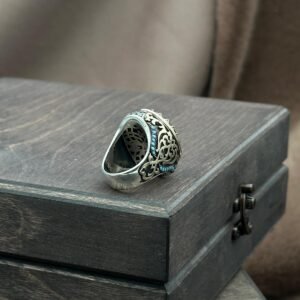 Elif İşaretli Selçuklu ve Osmanlı Motifli Turkuaz Taş İşlemeli 925 Ayar Erkek Gümüş Yüzük