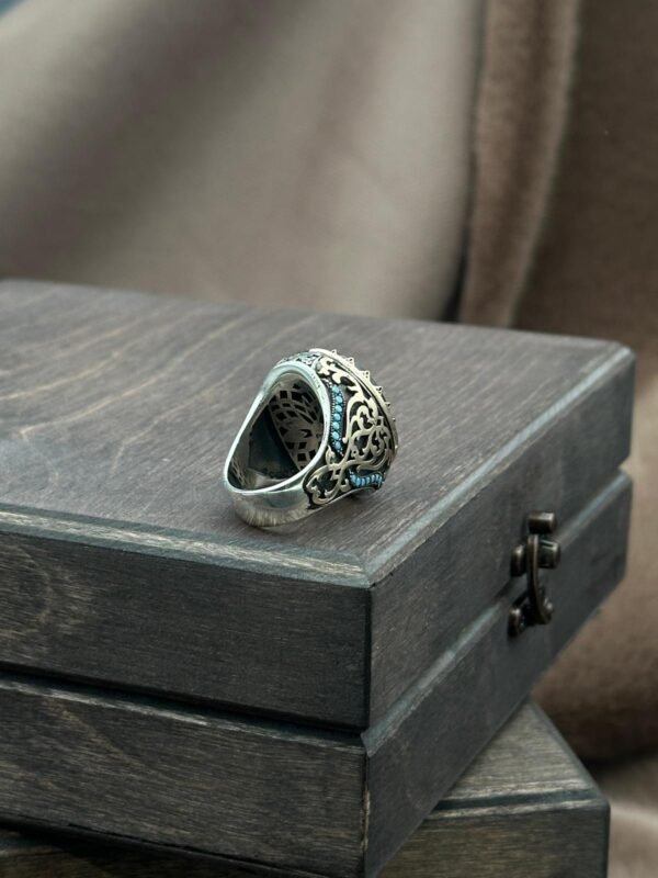 Elif İşaretli Selçuklu ve Osmanlı Motifli Turkuaz Taş İşlemeli 925 Ayar Erkek Gümüş Yüzük