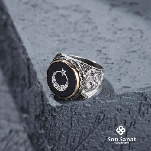 Ayyıldız Gravür Modeli Gümüş Erkek Yüzük Modeli