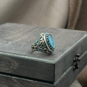 Elif İşaretli Selçuklu ve Osmanlı Motifli Turkuaz Taş İşlemeli 925 Ayar Erkek Gümüş Yüzük