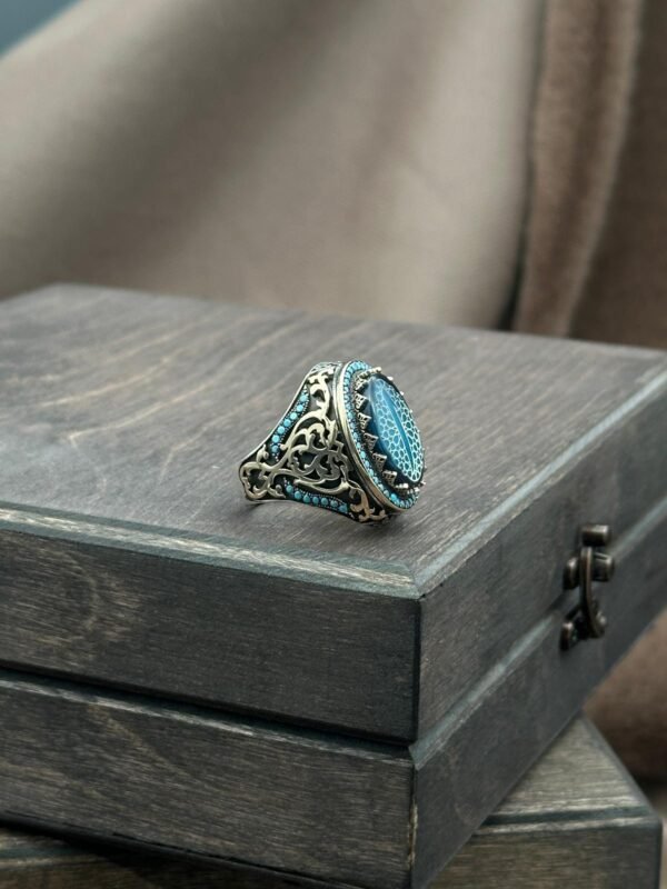 Elif İşaretli Selçuklu ve Osmanlı Motifli Turkuaz Taş İşlemeli 925 Ayar Erkek Gümüş Yüzük