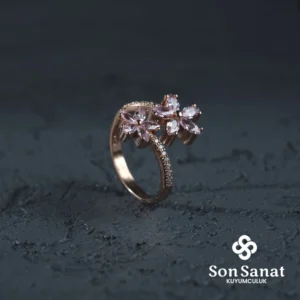 Çift Çiçek Pembe Taşlı Yüzük
