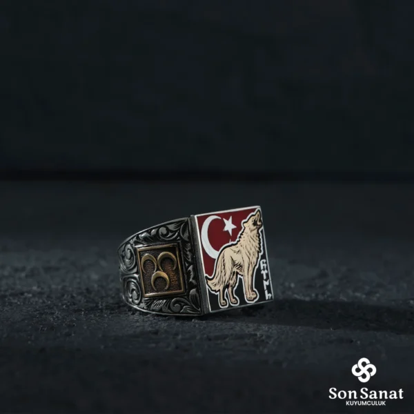 925 Ayar Gümüş Ayyıldızlı Bozkurt Türk Yüzük