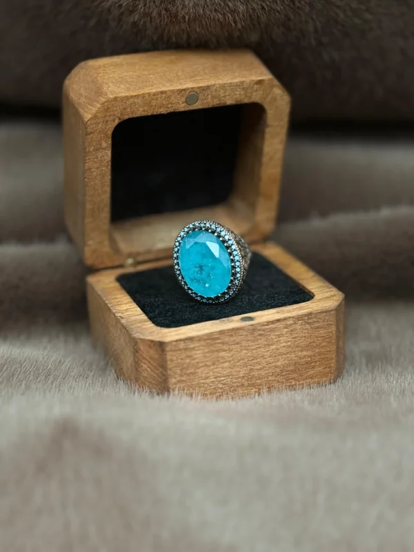 Firuze Paraiba Taşlı Geçmeli 925 Ayar Gümüş Erkek Yüzüğü