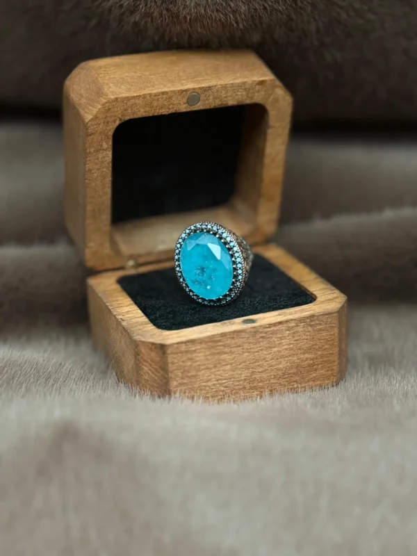 Firuze Paraiba Taşlı Geçmeli 925 Ayar Gümüş Erkek Yüzüğü