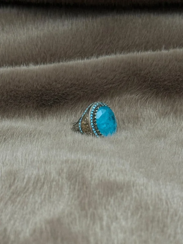 Firuze Paraiba Taşlı Geçmeli 925 Ayar Gümüş Erkek Yüzüğü