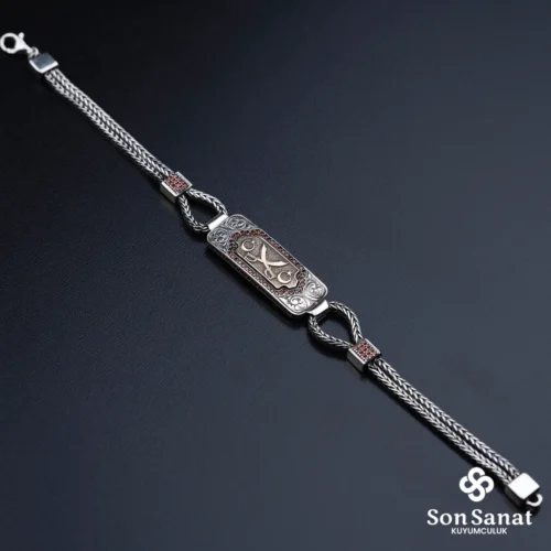 Kare Gravür İşlemeli 925 Ayar Gümüş Kılıç Bileklik