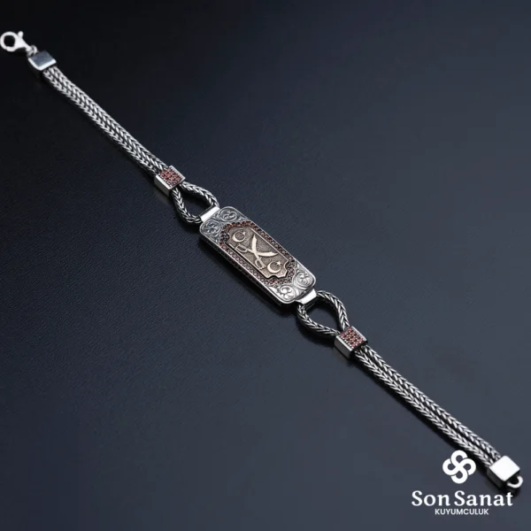 Kare Gravür İşlemeli 925 Ayar Gümüş Kılıç Bileklik