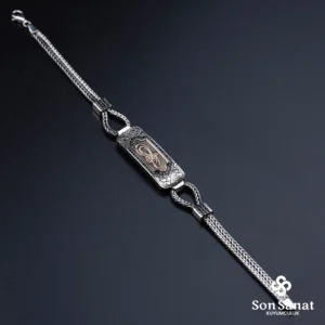 Kare Gravür İşlemeli 925 Ayar Gümüş Tuğra Bileklik