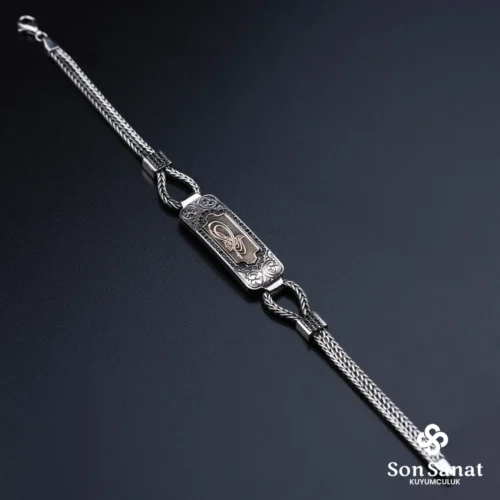 Kare Gravür İşlemeli 925 Ayar Gümüş Tuğra Bileklik