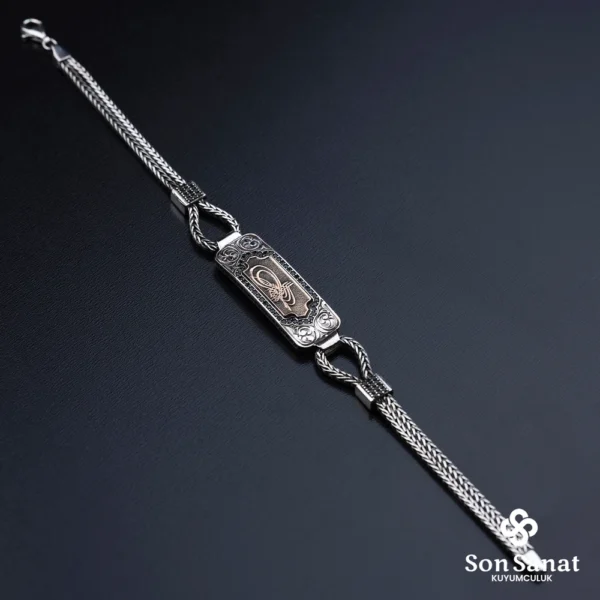 Kare Gravür İşlemeli 925 Ayar Gümüş Tuğra Bileklik